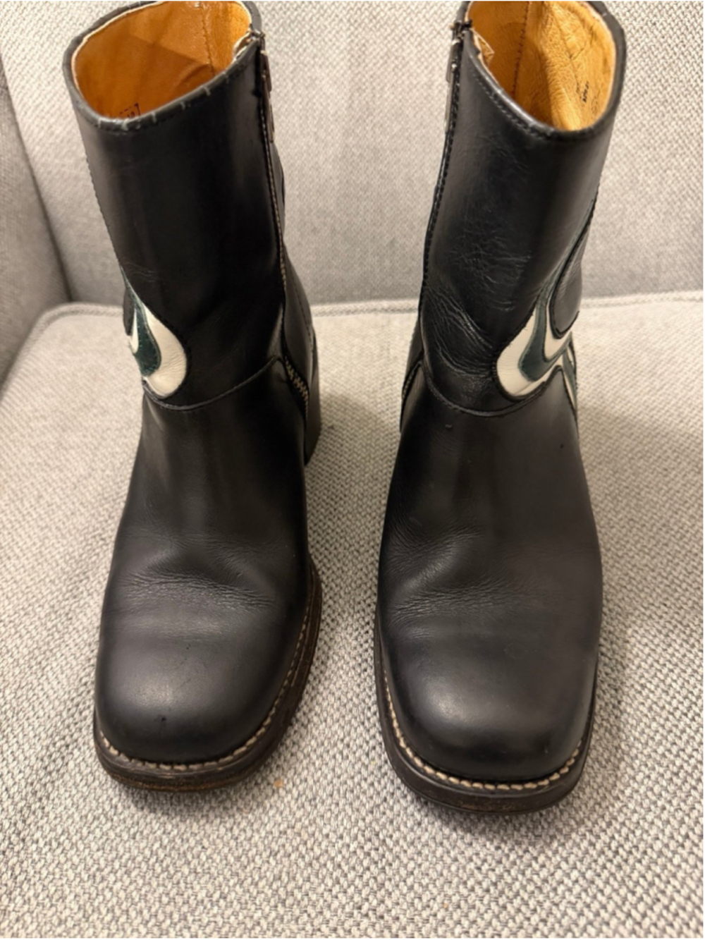 Shelleys London Leather Square Toe Ankle Boots with Green and White Detail